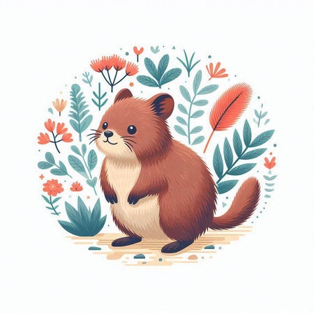 Cute beaver with flowers and leaves on white background. Vector illustration.のイラスト素材
