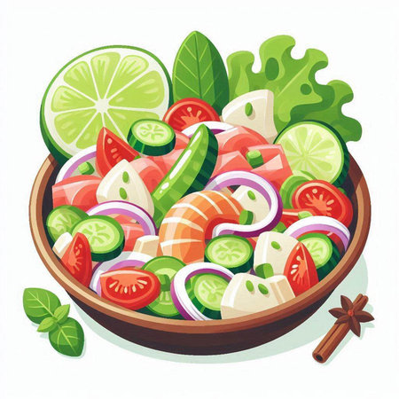 Salad with salmon, tomato, cucumber, onion and herbs in wooden bowl. Vector illustration.のイラスト素材