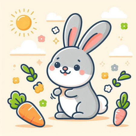 Cute bunny with carrot. Vector illustration in flat cartoon style.のイラスト素材