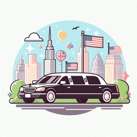 Vector illustration of a limousine with the american flag on the background of the cityのイラスト素材