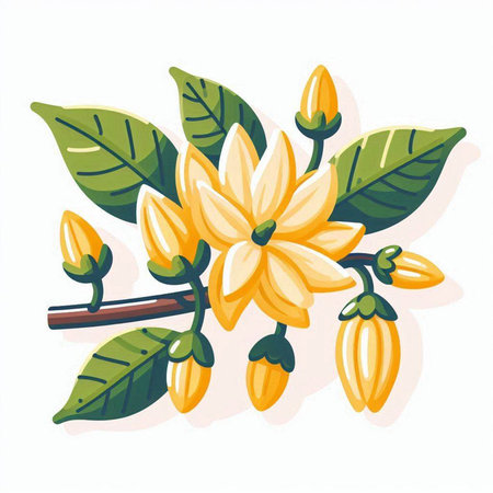 Coffee tree branch with flowers and leaves. Vector illustration.のイラスト素材