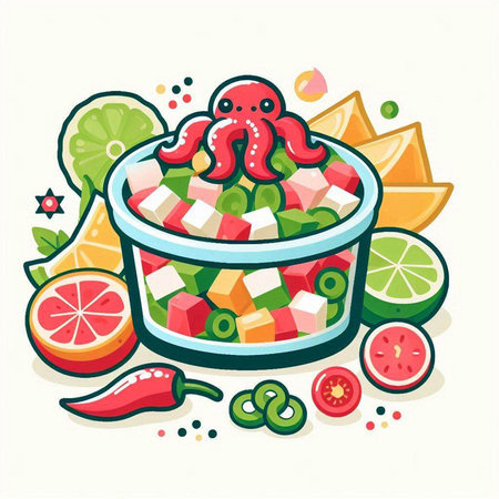 Fruit salad with octopus, lime and pepper. Vector illustration.のイラスト素材