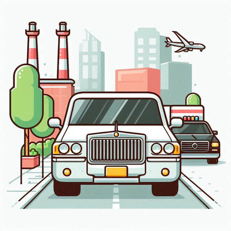 Retro car on the road in the city. Vector illustration.のイラスト素材