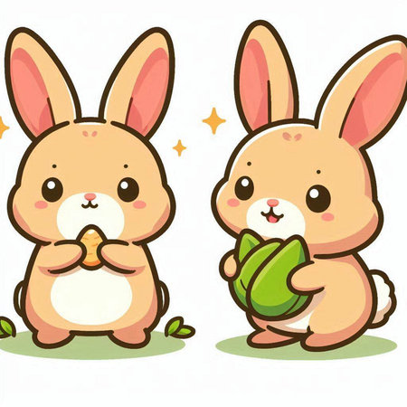 Rabbits holding a green easter egg in their hands.のイラスト素材