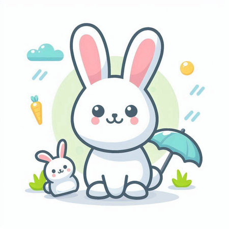 Cute white rabbit with umbrella and carrot. Vector flat cartoon illustrationのイラスト素材