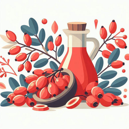 Bottle of rosehip vinegar and ripe berries. Vector illustration.のイラスト素材