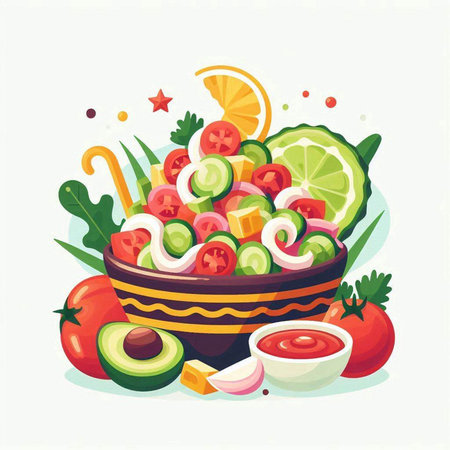 Mexican food vector illustration. Mexican salad with avocado, tomato, onion, cucumber and mayonnaiseのイラスト素材