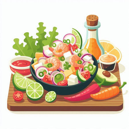 Salad with shrimps in a frying pan. Vector illustrationのイラスト素材