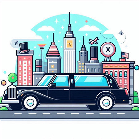 Vector illustration of a classic limousine on the background of the city.のイラスト素材