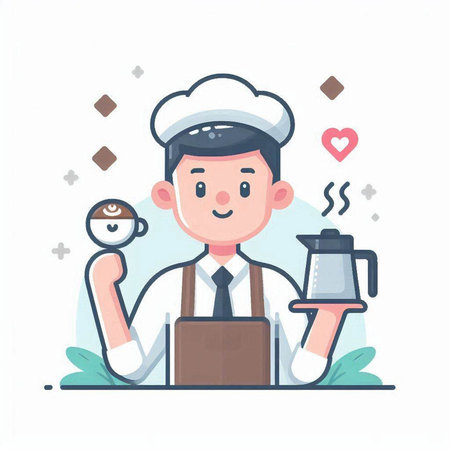 Chef with coffee pot. Vector illustration in a flat style.のイラスト素材