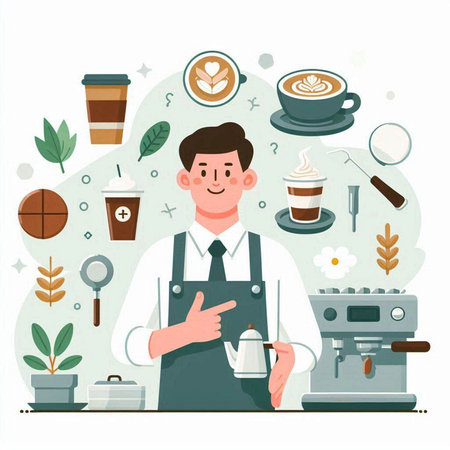 Coffee shop concept. Vector flat cartoon illustration of barista making coffee.のイラスト素材