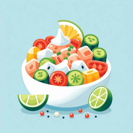 Salad in a bowl with lime, cucumber and tomato. Vector illustration.のイラスト素材