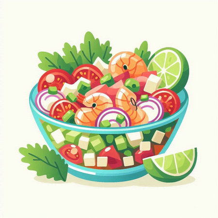 Salad with shrimps and vegetables in a bowl. Vector illustration.のイラスト素材