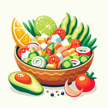 Fresh vegetable salad in a bowl. Vector illustration. Healthy food.のイラスト素材