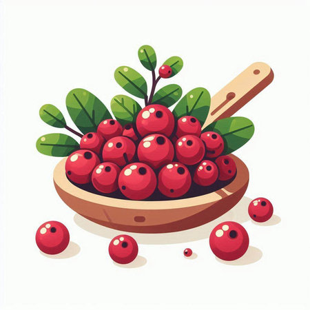 Cranberries in a wooden bowl with a wooden spoon. Vector illustration.のイラスト素材