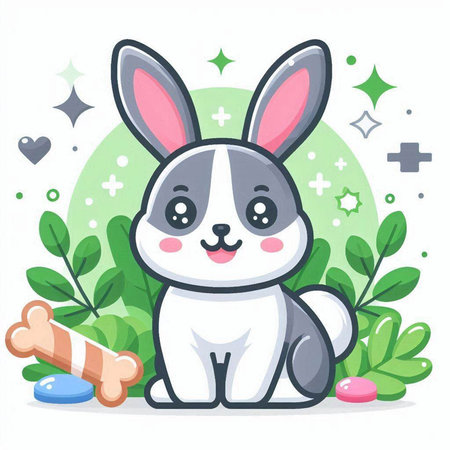 Cute cartoon bunny and sweets on green background. Vector illustration.のイラスト素材