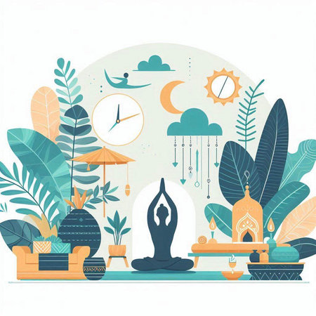 Vector illustration of a flat design of a cozy room with a lot of flowers, plants and a clock.のイラスト素材