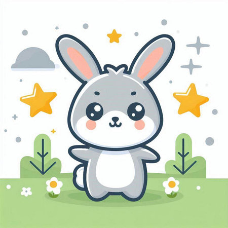 cute rabbit on the meadow with stars and flowers, vector illustrationのイラスト素材