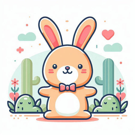 Cute cartoon bunny vector illustration. Cute bunny character with bow tie in the desert.のイラスト素材