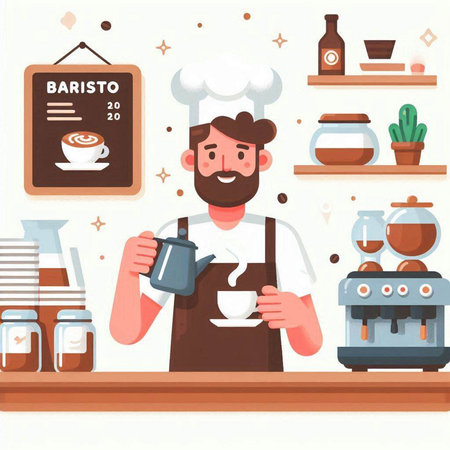 Barista man in apron with coffee machine. Vector illustration.のイラスト素材