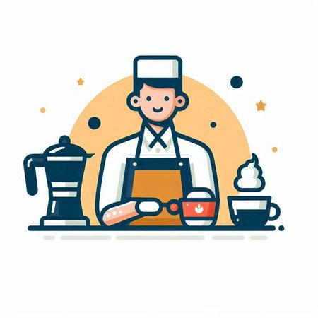 Coffee shop, barista, cafe, restaurant, barista. Flat line style vector illustration.のイラスト素材