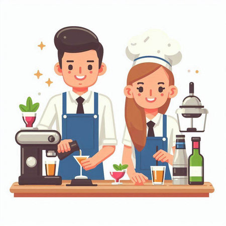 Couple of barman and waitress in uniform making cocktail. Vector illustrationのイラスト素材