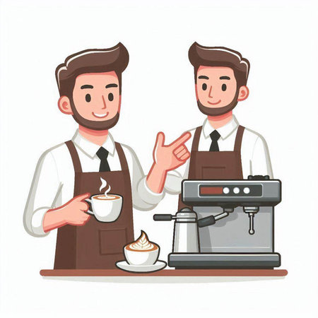 Coffee maker and barista. Vector illustration in cartoon styleのイラスト素材