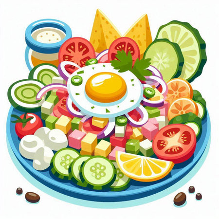 Greek salad with fried egg, cucumber, tomato, onion, pepper, olives and mayonnaiseのイラスト素材