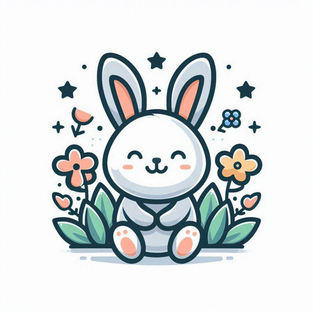 Cute cartoon bunny sitting on the grass with flowers. Vector illustration.のイラスト素材
