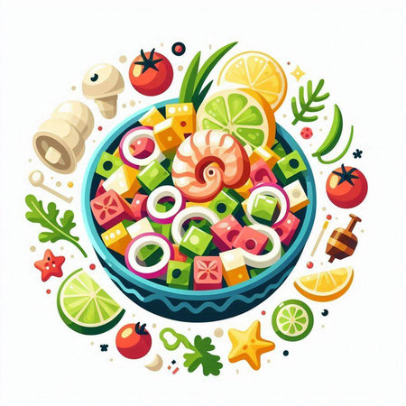 Salad with shrimps, squid, cucumber, tomato, onion and mayonnaise. Vector illustrationのイラスト素材