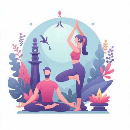 Vector illustration of a man and a woman doing yoga in the parkのイラスト素材