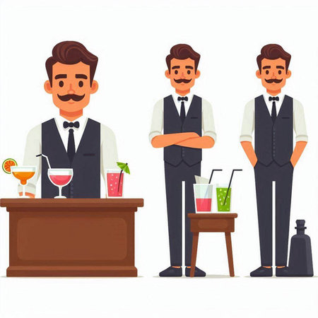Bartender standing at bar counter. Vector illustration in cartoon styleのイラスト素材
