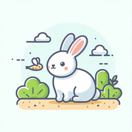 Cute rabbit in the garden. Vector illustration in flat style.のイラスト素材