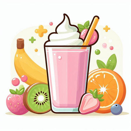 Fruit milkshake with whipped cream, kiwi, orange, strawberry, banana, cherry. Vector illustration.のイラスト素材