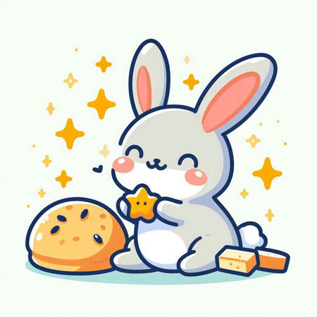 Cute little bunny eating cookies. Vector illustration in cartoon style.のイラスト素材