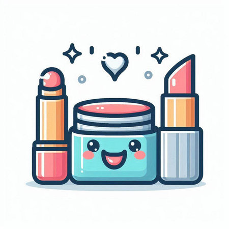 Cute face cream jar with eyeshadow and lipsticks. Vector flat cartoon illustrationのイラスト素材