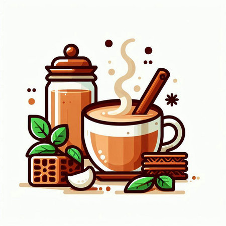 Cup of hot latte or cappuccino with cinnamon stick, spoon, gingerbread cookies and mint leaves. Vector illustration.のイラスト素材