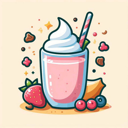 Illustration of a glass of strawberry milkshake with whipped creamのイラスト素材