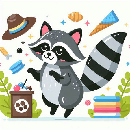 Cute raccoon with hat, ice cream and books. Vector illustration.のイラスト素材