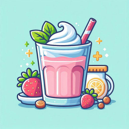 strawberry milkshake with whipped cream and fruits. vector illustrationのイラスト素材