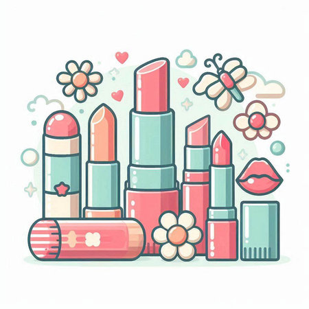 Lipsticks and flowers. Vector illustration in doodle style.のイラスト素材