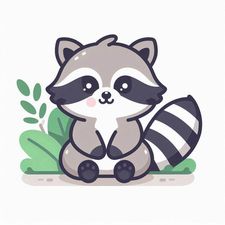 Cute raccoon sitting on the grass. Vector illustration in cartoon style.のイラスト素材