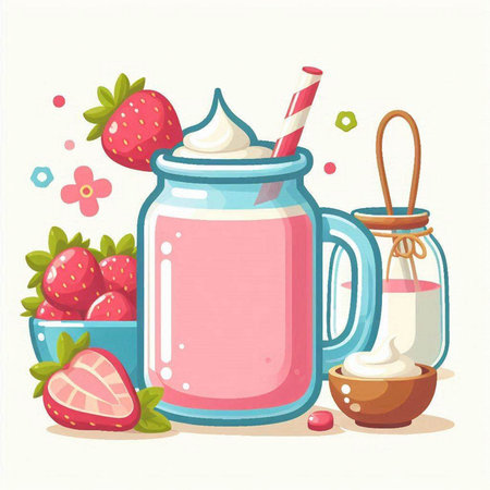 Milk shake in a jar with a straw and strawberries. Vector illustration.のイラスト素材