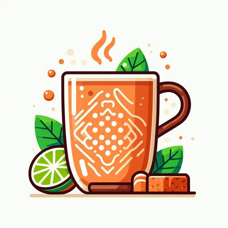Cup of tea with lemon and mint leaves. Vector illustration.のイラスト素材