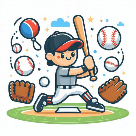Baseball player with ball and bat on the field. Vector illustration.のイラスト素材