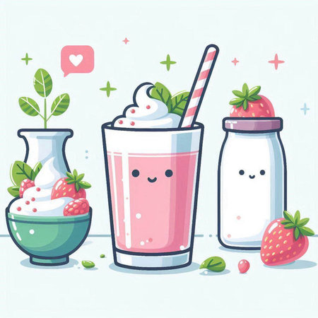 Strawberry milkshake. Cartoon character. Vector illustration.のイラスト素材