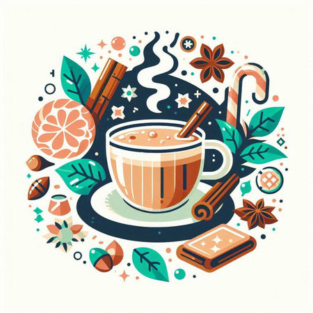 Cup of hot cocoa with cinnamon, star anise, star anise and sweets. Vector illustrationのイラスト素材