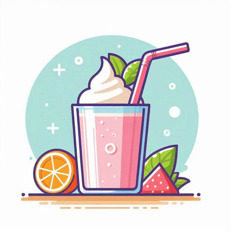 Fruit smoothie in a glass with a straw and a slice of orange. Vector illustration.のイラスト素材