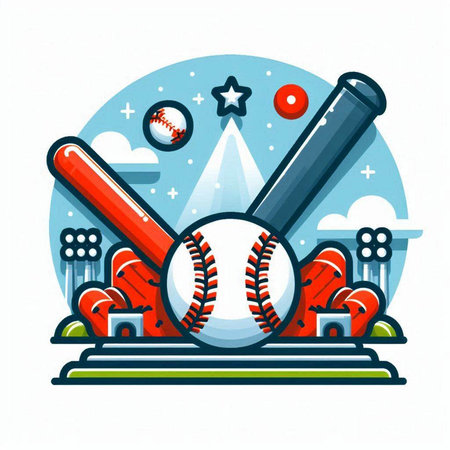 Vector illustration of a baseball game with balls, bats, and starsのイラスト素材