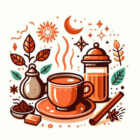 Cup of hot drink with cinnamon, star anise, star anise, tea pot. Vector illustrationのイラスト素材